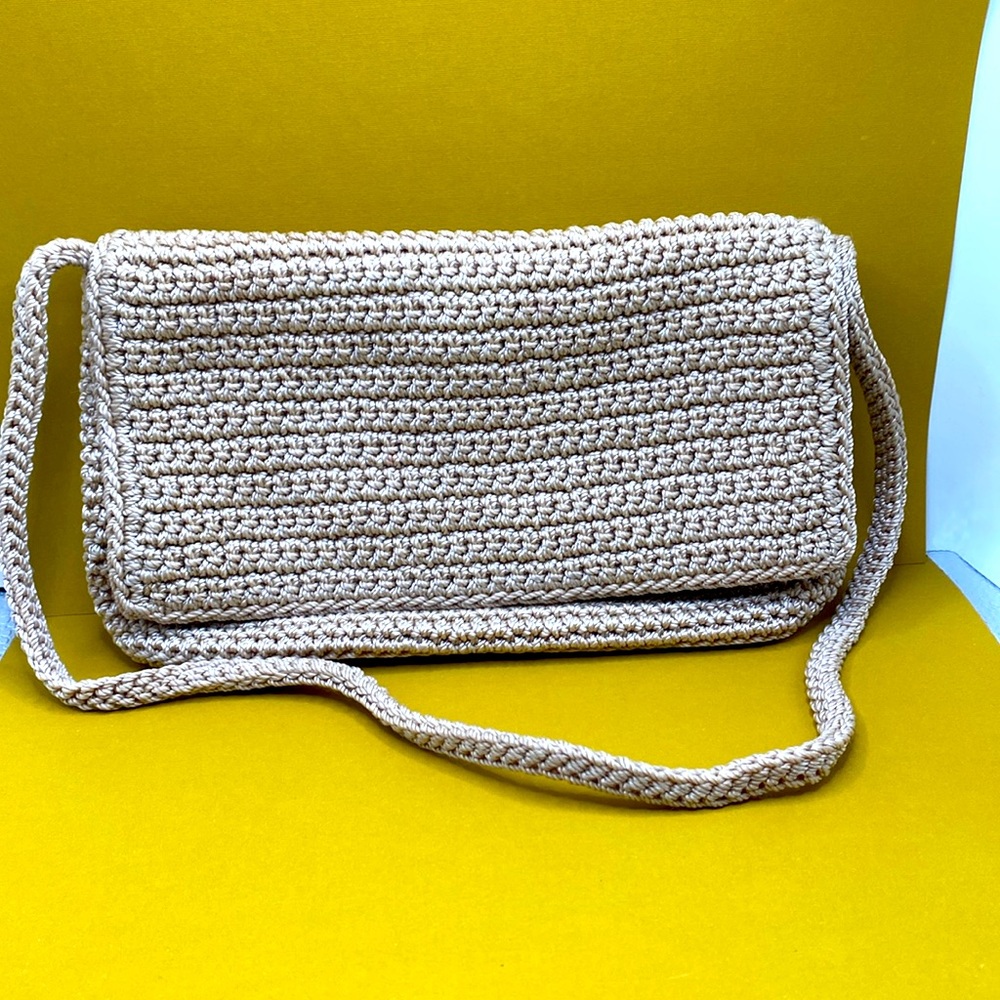 The Sak Vintage Tan Crochet Knit Zippered Shoulder Bag